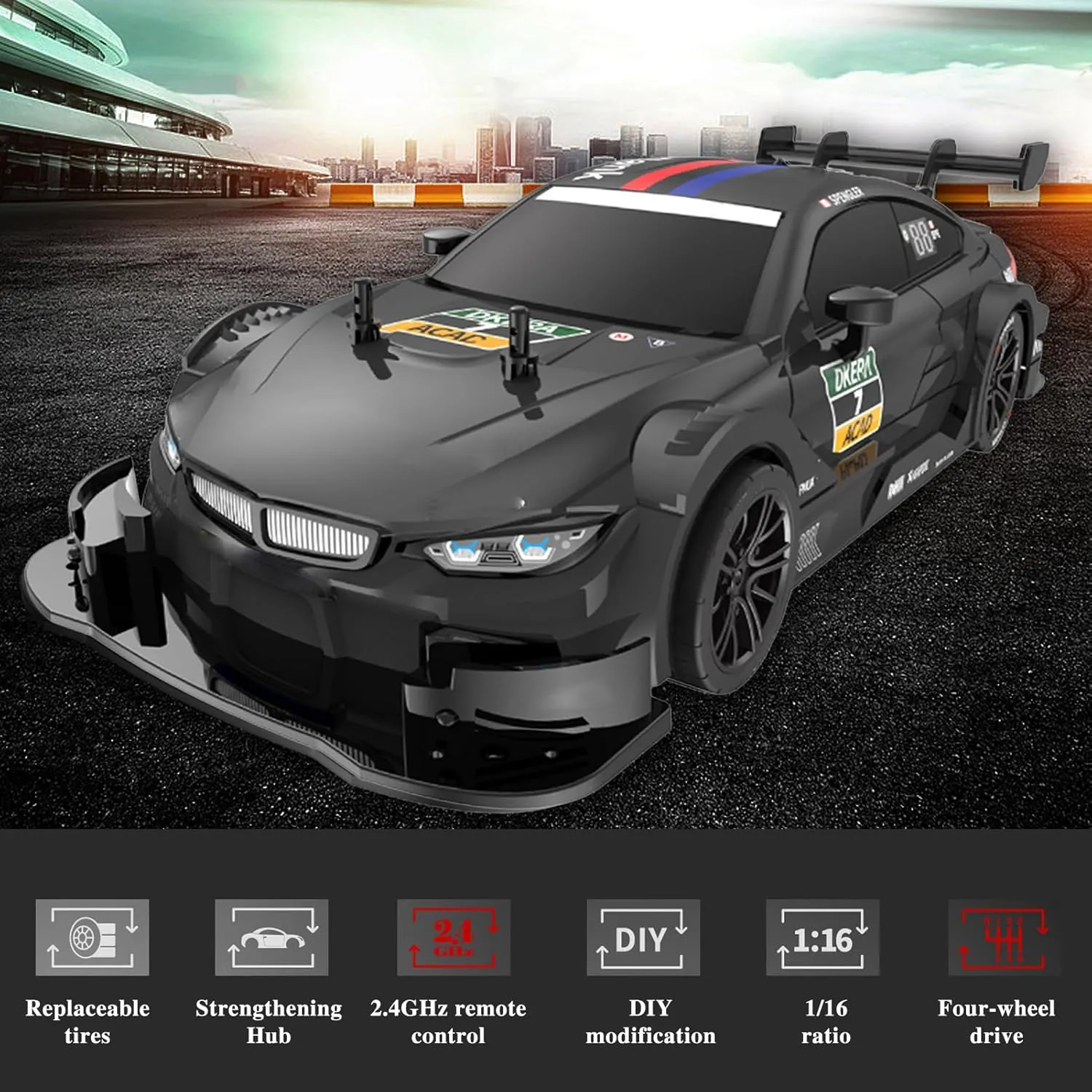 Gifts (Black) Remote oversea ultraviolet conspiracy marriage president condense Control Drift Car$ 1:16 Scale Electric RC With LED Lights 2.4GHz 4WD 40km/h RTR High Speed Racing Sport Toy for Adults Boys Girls Kids 