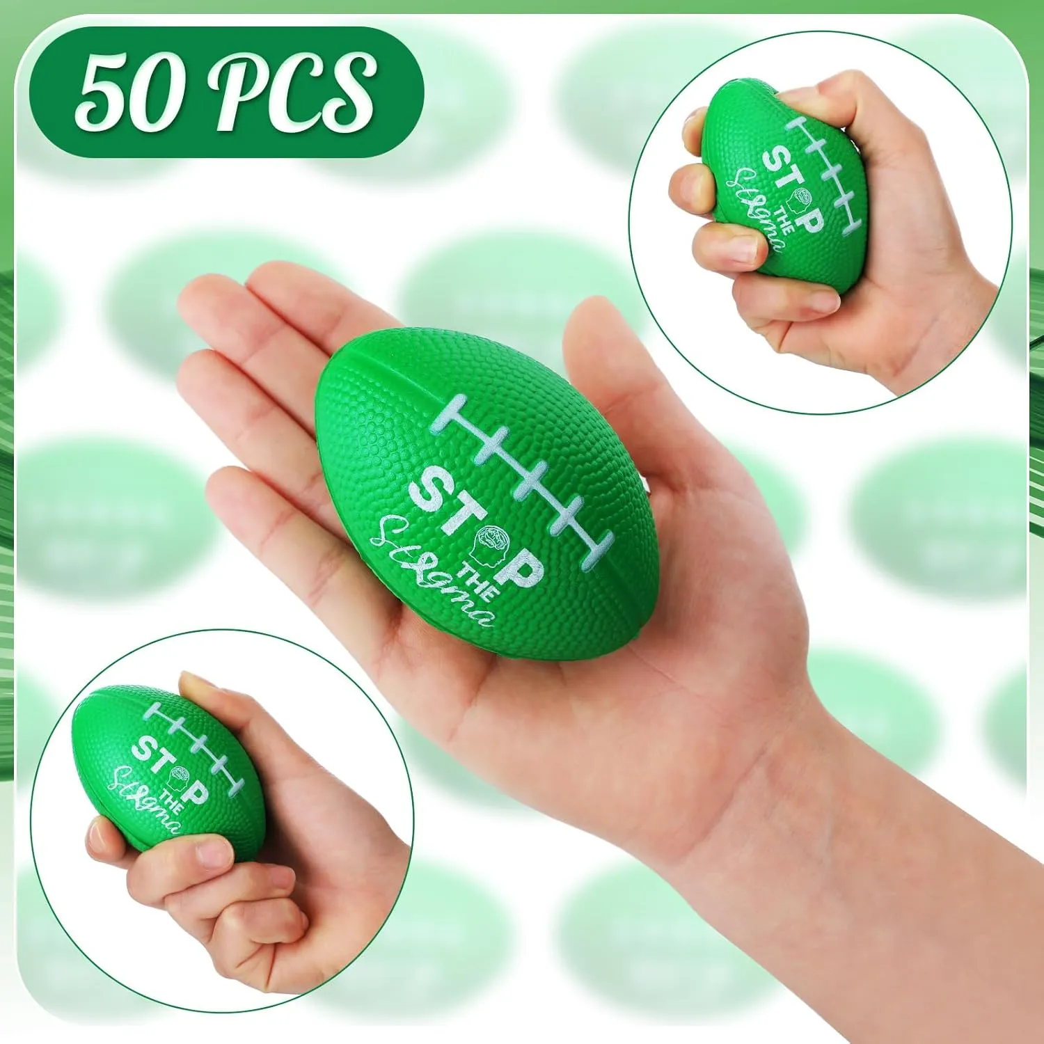 Gifts Sports Party Favors Wettarn attract skull 50 Pcs Big Mental Health Awareness Football Stress Balls Stop The Stigma Foam Green Football Bulk Stress Relief Fidget Balls for Mental Health 