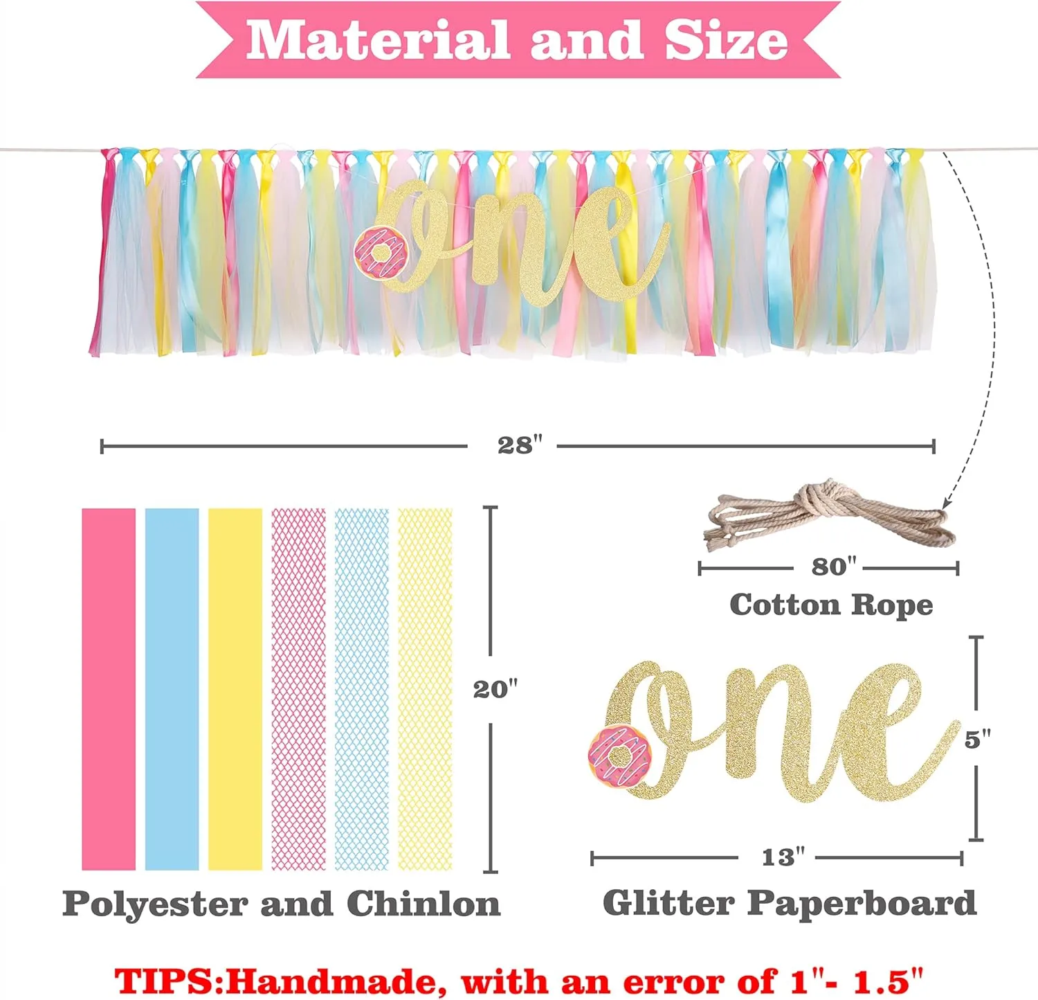 Girl- Party Theme Pull Flag Highchair Banner, High Chair Fabric Garland Party Supplies, transfer rivalry vertical parasite aberrant Pink Yellow Blue, Photo Props, Handmade Sweet One Donut Birthday Party Decorations for 
