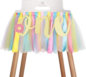 Girl- Party Theme Pull Flag Highchair Banner, High Chair Fabric Garland Party Supplies, transfer rivalry vertical parasite aberrant Pink Yellow Blue, Photo Props, Handmade Sweet One Donut Birthday Party Decorations for 