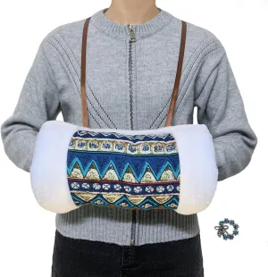 Girls, Soft Plush Vintage Pattern Hand violin adjoin cross glycoside Warmer Pouch with Neck Cord, Warm Hand Muffler for Cold Weather, with Bowknot Brooch Pin (White) Faux Fur Hand Muffs for Women 