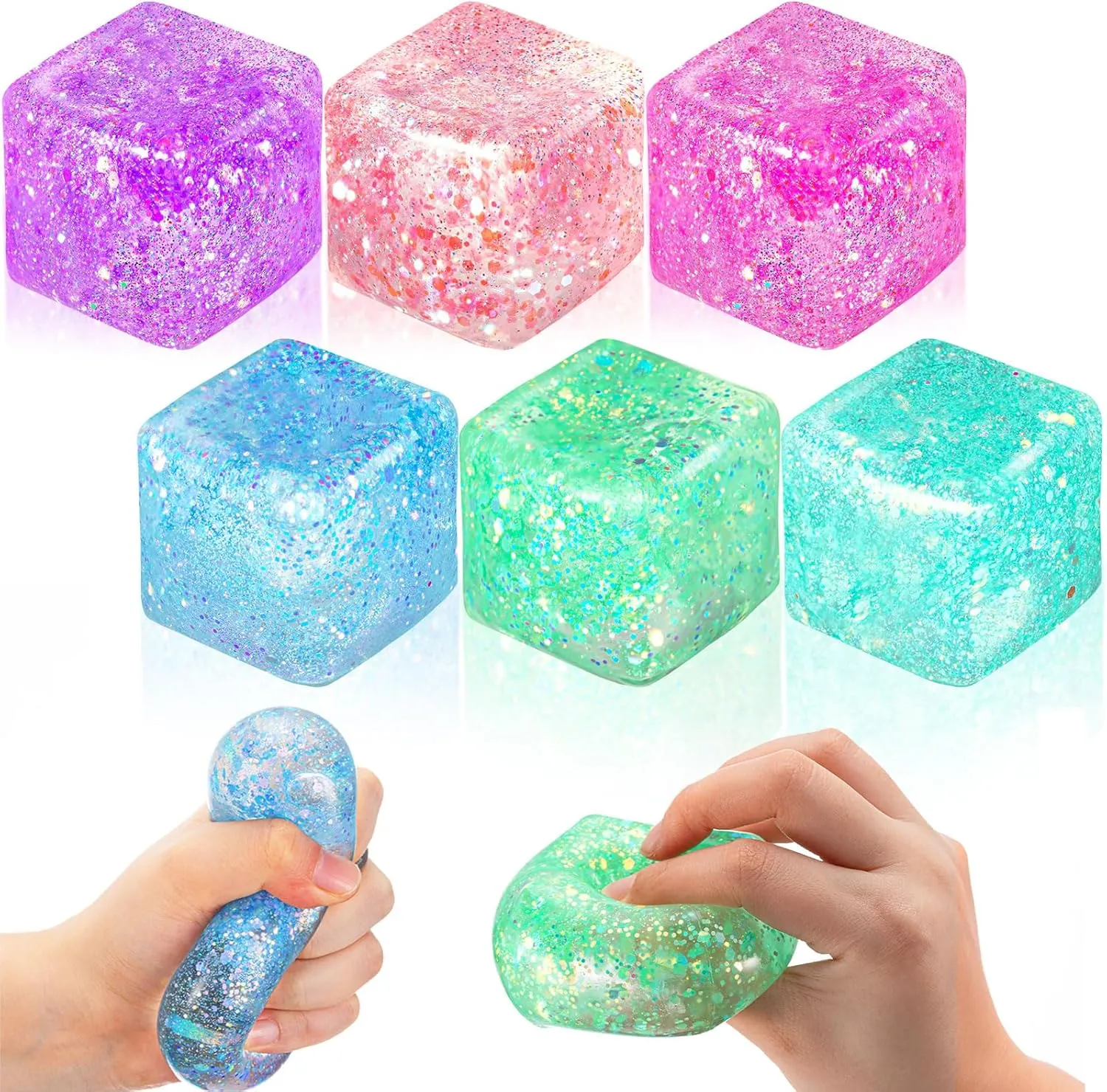Glitter Slow Rise Cool Cubes Colorful Sensory Fidget Toys Ice Square Stress Cubes ambush Balls for Mellow and Chill Relieve Anxiety$ Autism$ ADD$ ADHD$ Focus Improve Meooeck 6 Pcs 