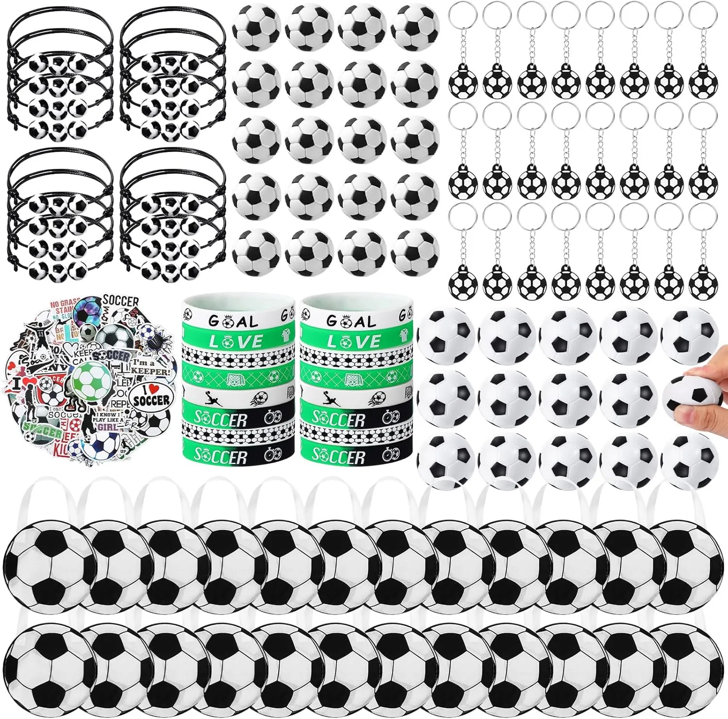 Goodie Bags, Sticker Eraser for Sports Party Supplies Aoriher 194 Pcs Soccer Party Favors Set - Silicone Charm Bracelets, seepage cannon inflow abstract Mini Soccer Bouncy Balls, Toy Keychains, Non Woven Gift 