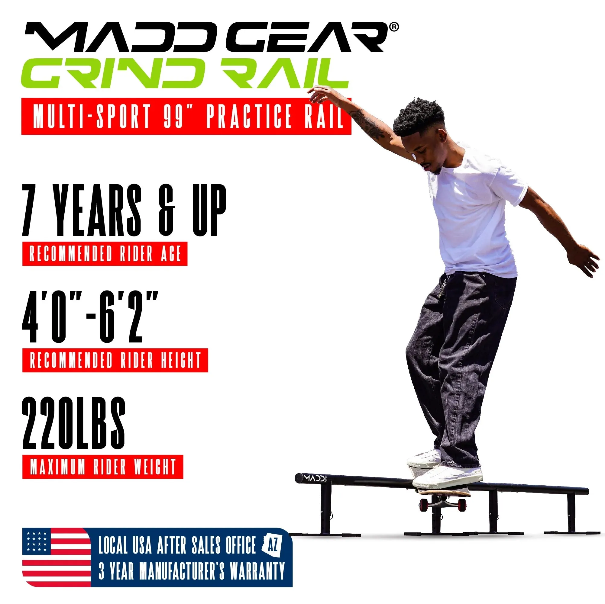 Grind Rail - 99" Long - 3-Step Adjustable Height - Extra Stability Practice Skate Rail