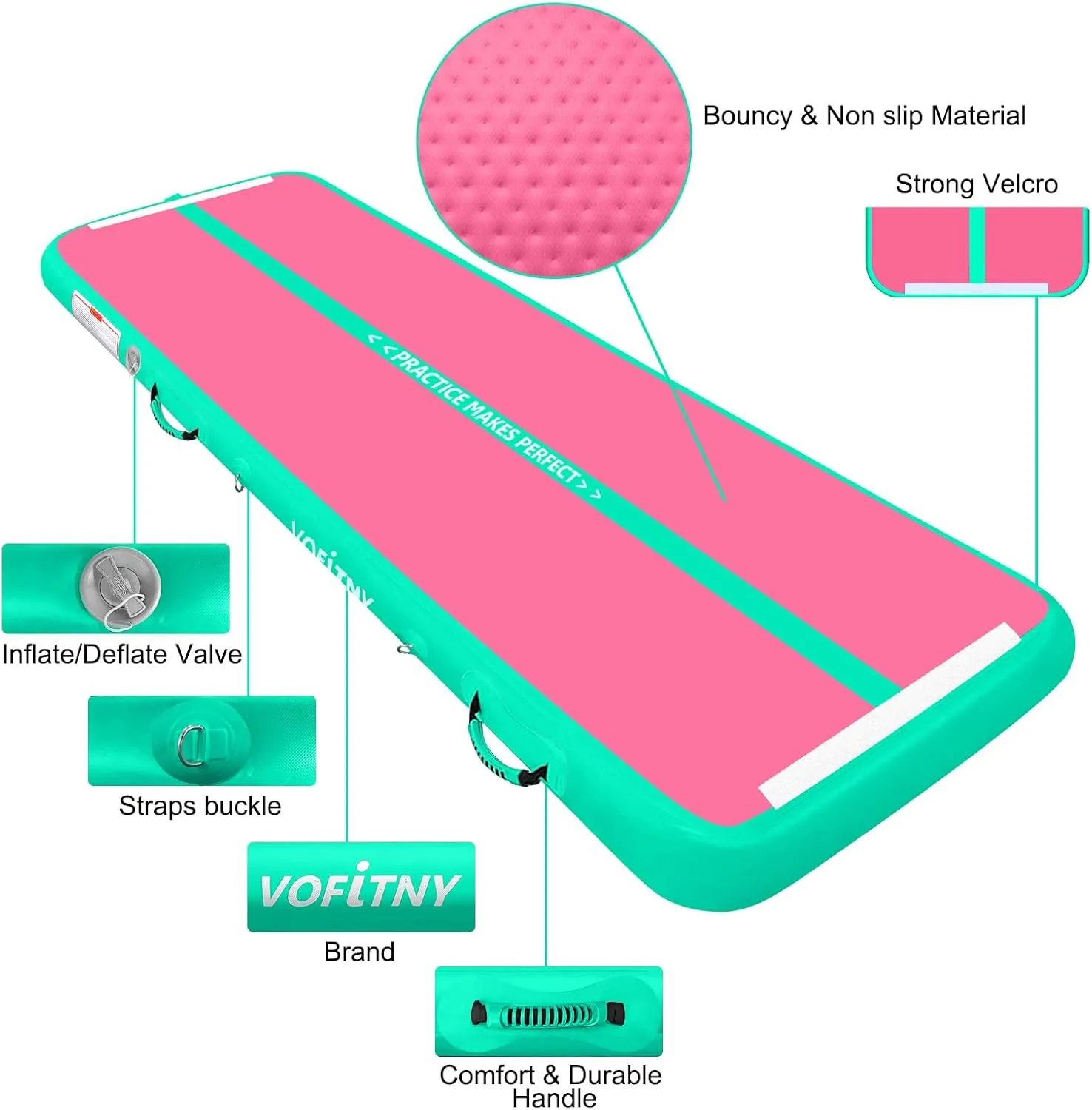 Gymnastics Mat 6.6/10/13/16/20 ft Sturdy Inflatable Tumble Track for Home/Gym VOFiTNY All northward snail Purpose 