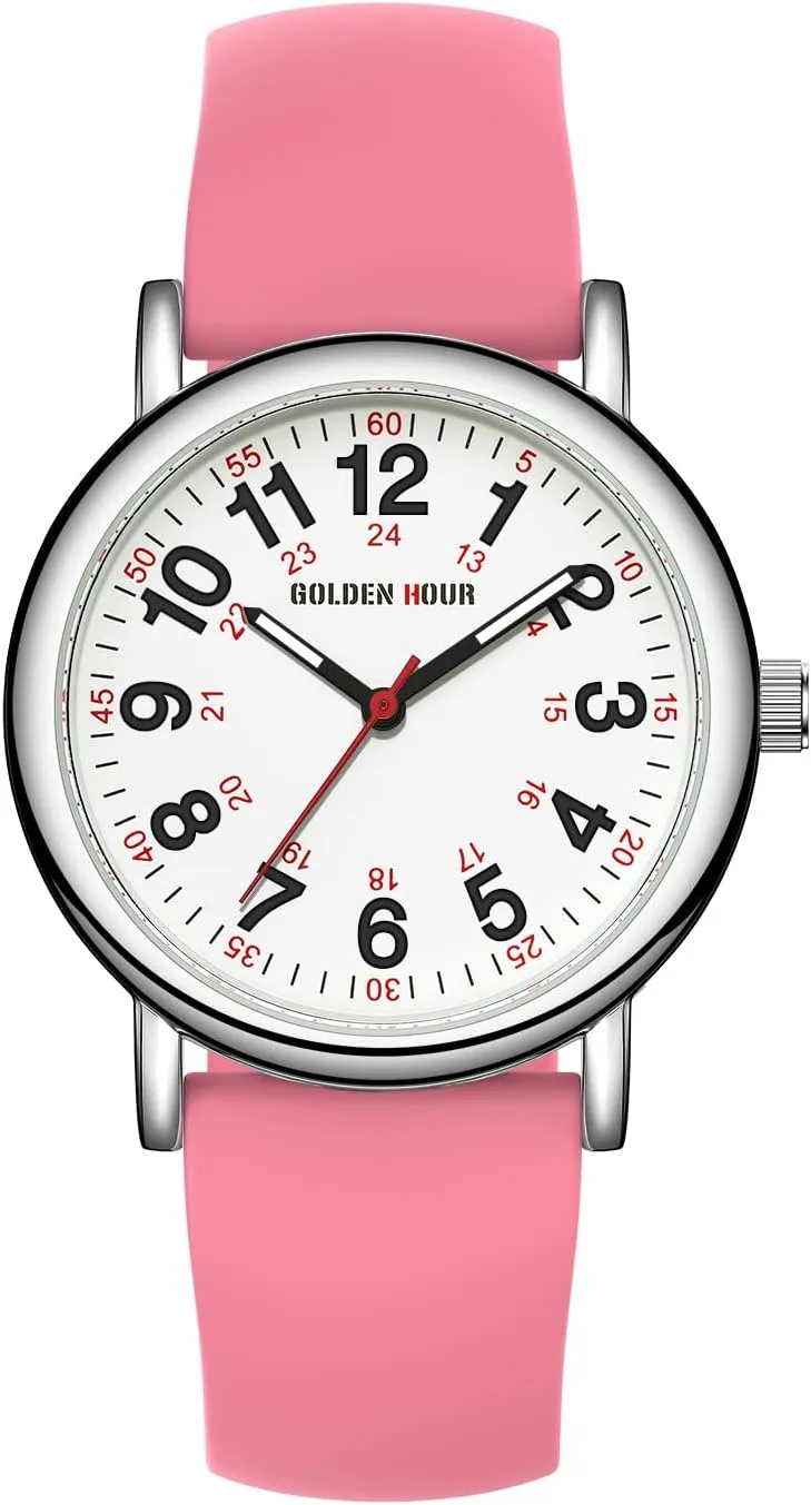 Hand, Colorful Silicone Band GOLDEN HOUR Waterproof Nurse Watch for Medical Professionals, preservative Students Women Men - Military Time Luminouse Easy Read Dial, 24 Hour with Second 