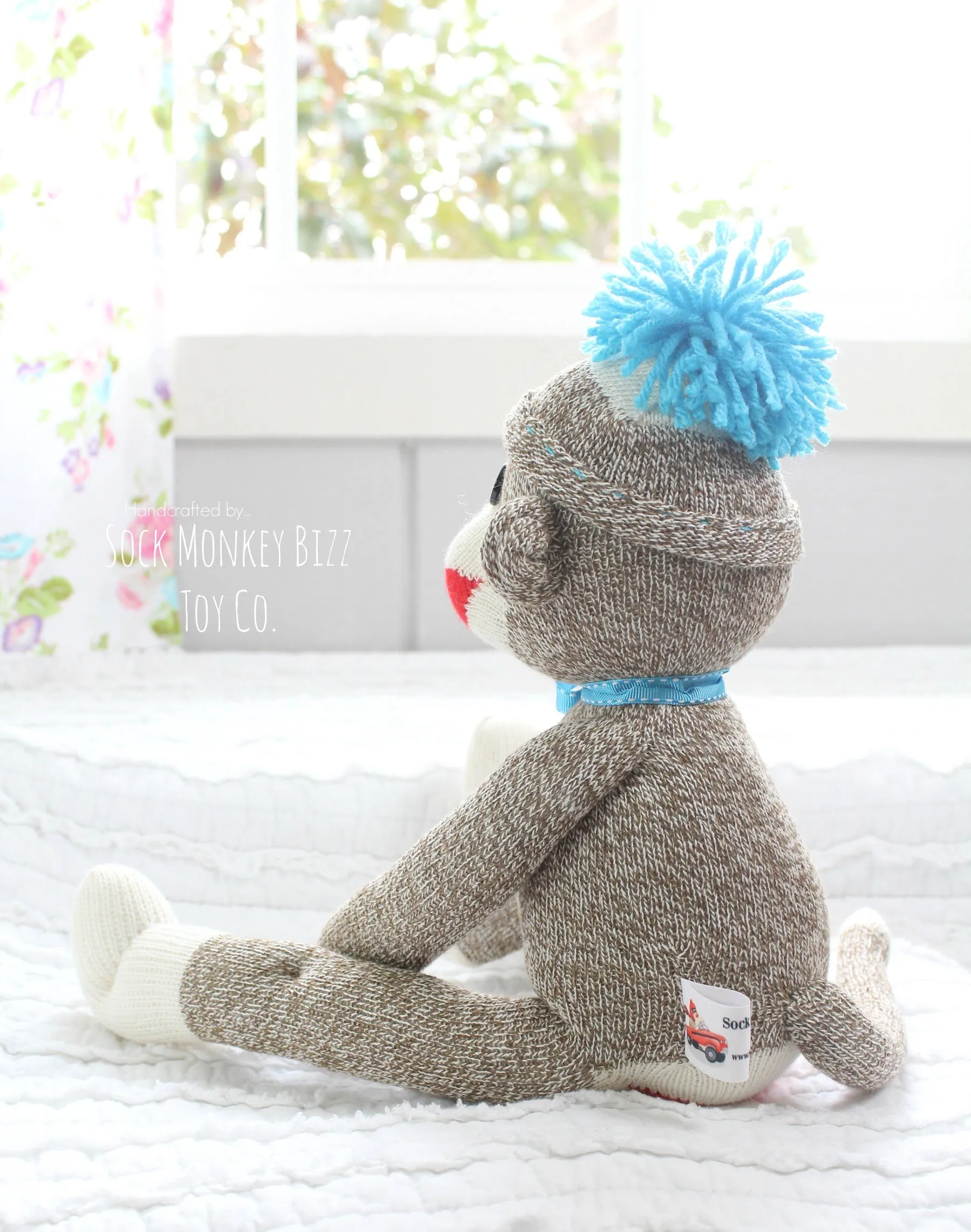 Handcrafted Classic Traditional Sock Monkey Doll, Turquoise
