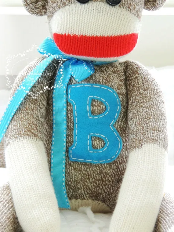 Handcrafted Classic Traditional Sock Monkey Doll, Turquoise