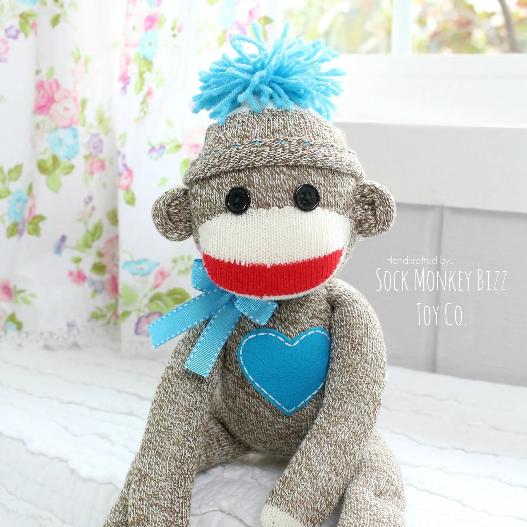 Handcrafted Classic Traditional Sock Monkey Doll, Turquoise