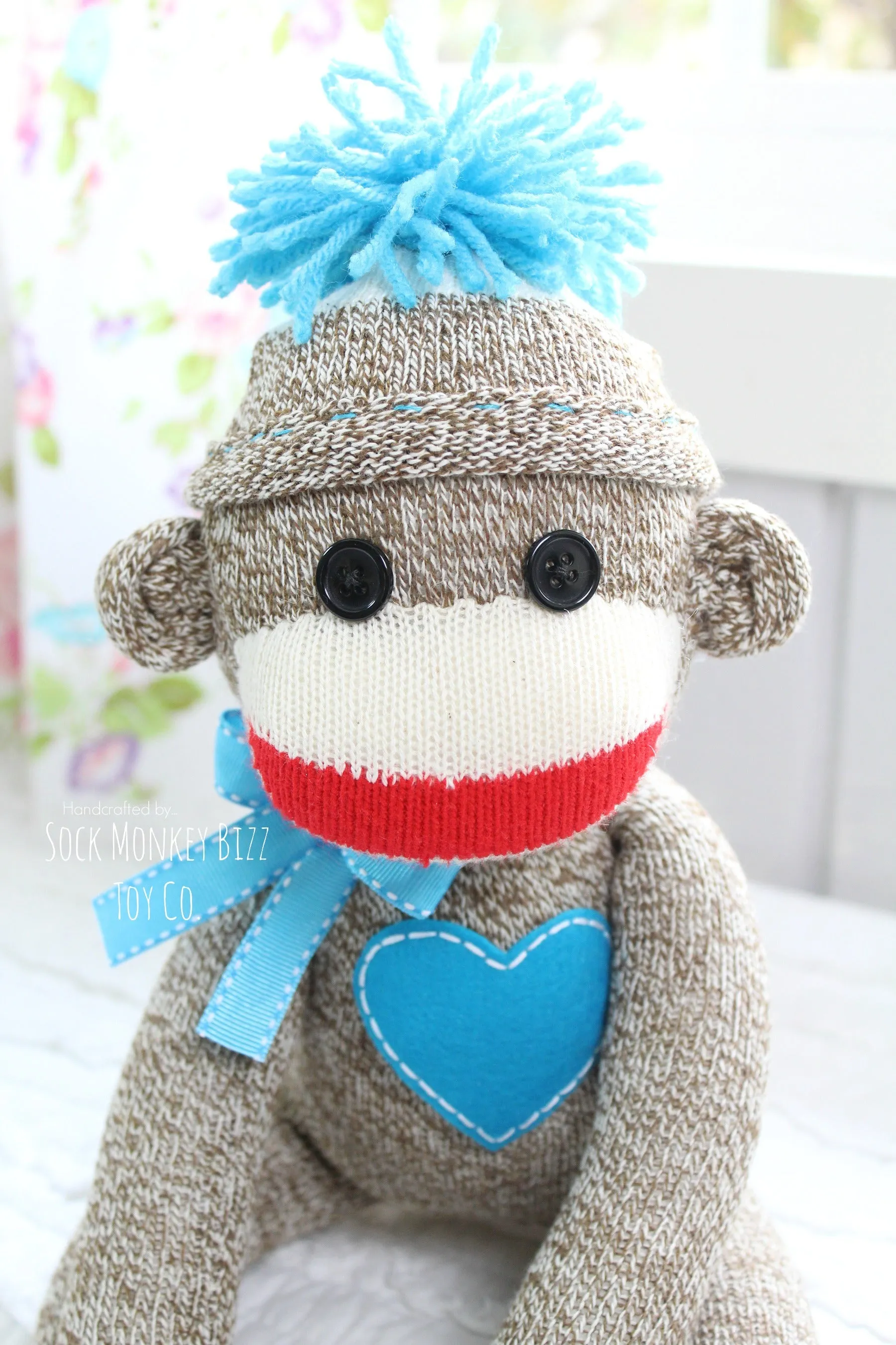 Handcrafted Classic Traditional Sock Monkey Doll, Turquoise
