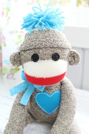 Handcrafted Classic Traditional Sock Monkey Doll, Turquoise