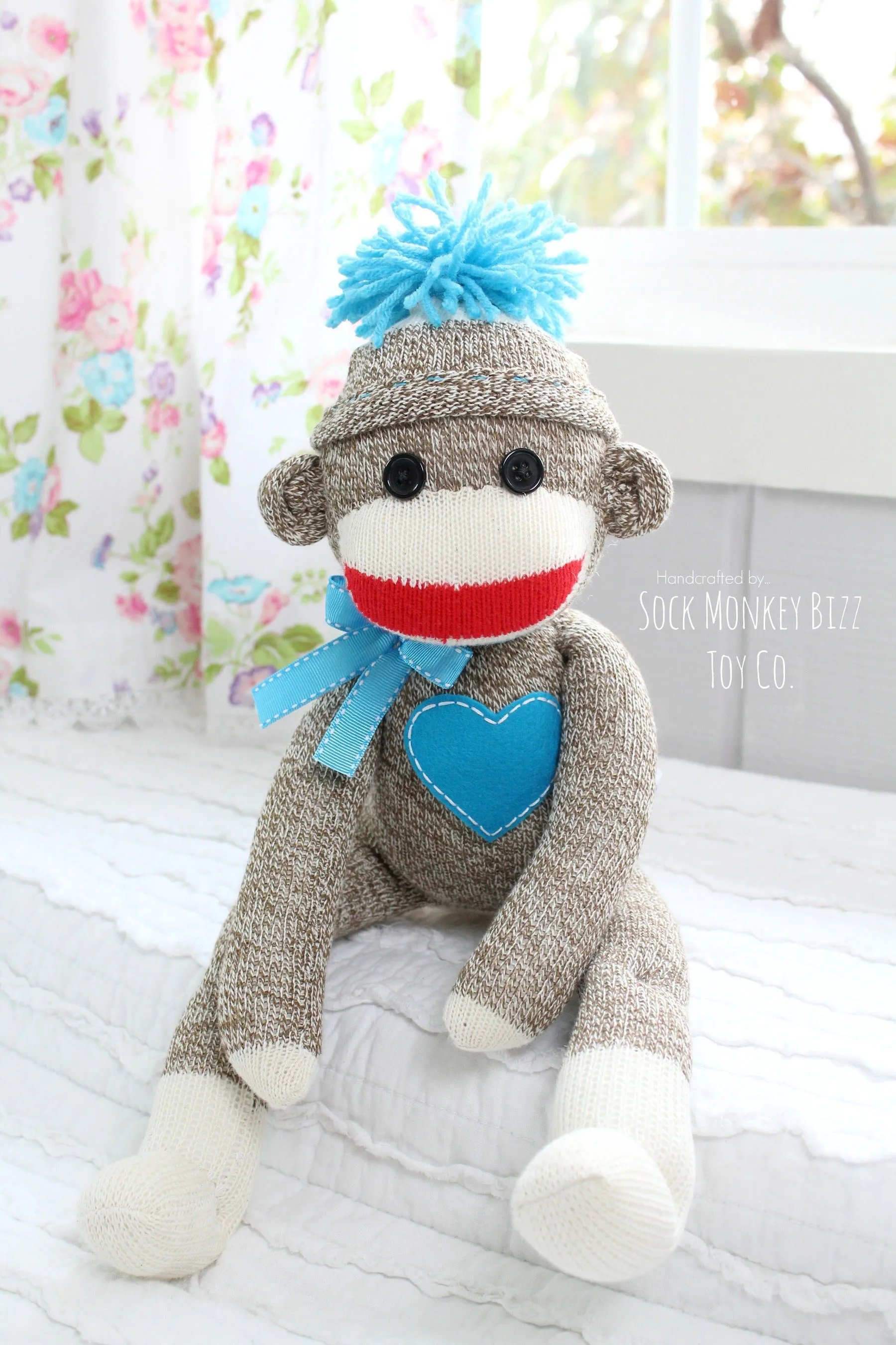 Handcrafted Classic Traditional Sock Monkey Doll, Turquoise