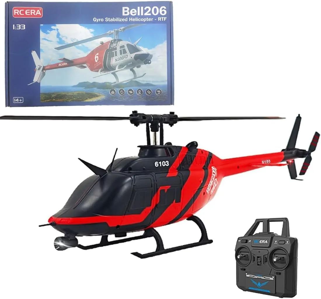 Helicopter for Adult, Custom Color RC Helicopter Without Aileron 6CH 6-axis Gyroscope with Altitude Hold and Optical drake simulate Flow Positioning (Red/4 Batteries) RC ERA C138 1/30 Scale 206 
