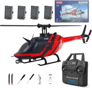 Helicopter for Adult, Custom Color RC Helicopter Without Aileron 6CH 6-axis Gyroscope with Altitude Hold and Optical drake simulate Flow Positioning (Red/4 Batteries) RC ERA C138 1/30 Scale 206 