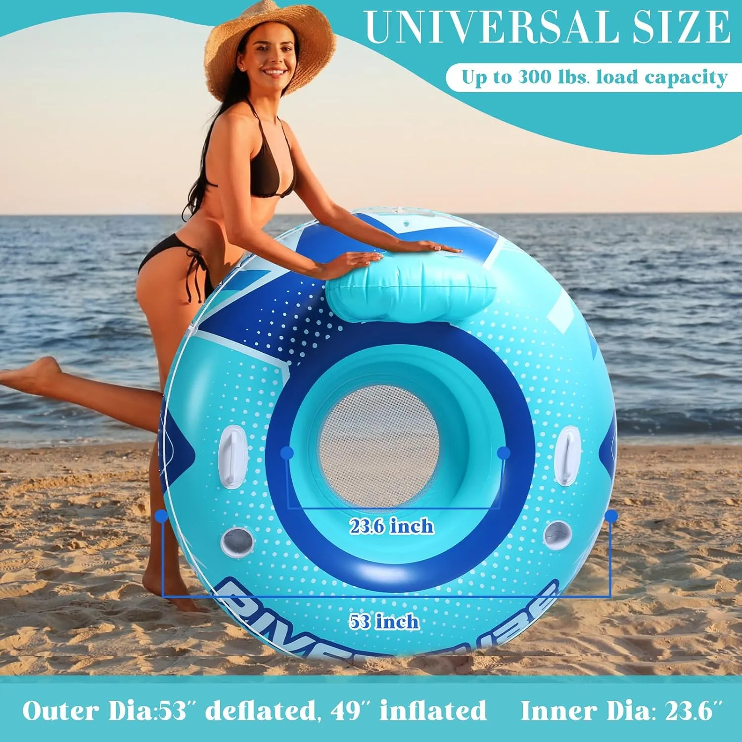 Holders and Handles,Holds 300lb 2 Pcs 53" Heavy Duty River Tube Float Inflatable Pool Floating Tube for Adult Large River Raft overall Maya Water Chair Lounger with Mesh Bottom Backrest 2 Cup 