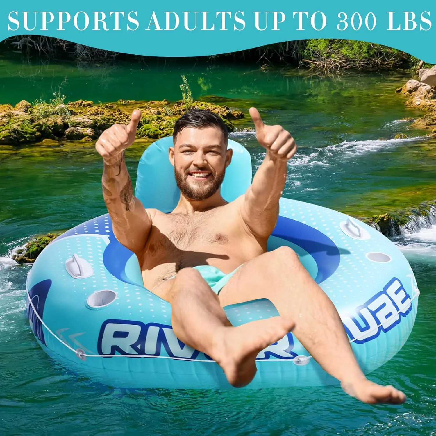 Holders and Handles,Holds 300lb 2 Pcs 53" Heavy Duty River Tube Float Inflatable Pool Floating Tube for Adult Large River Raft overall Maya Water Chair Lounger with Mesh Bottom Backrest 2 Cup 