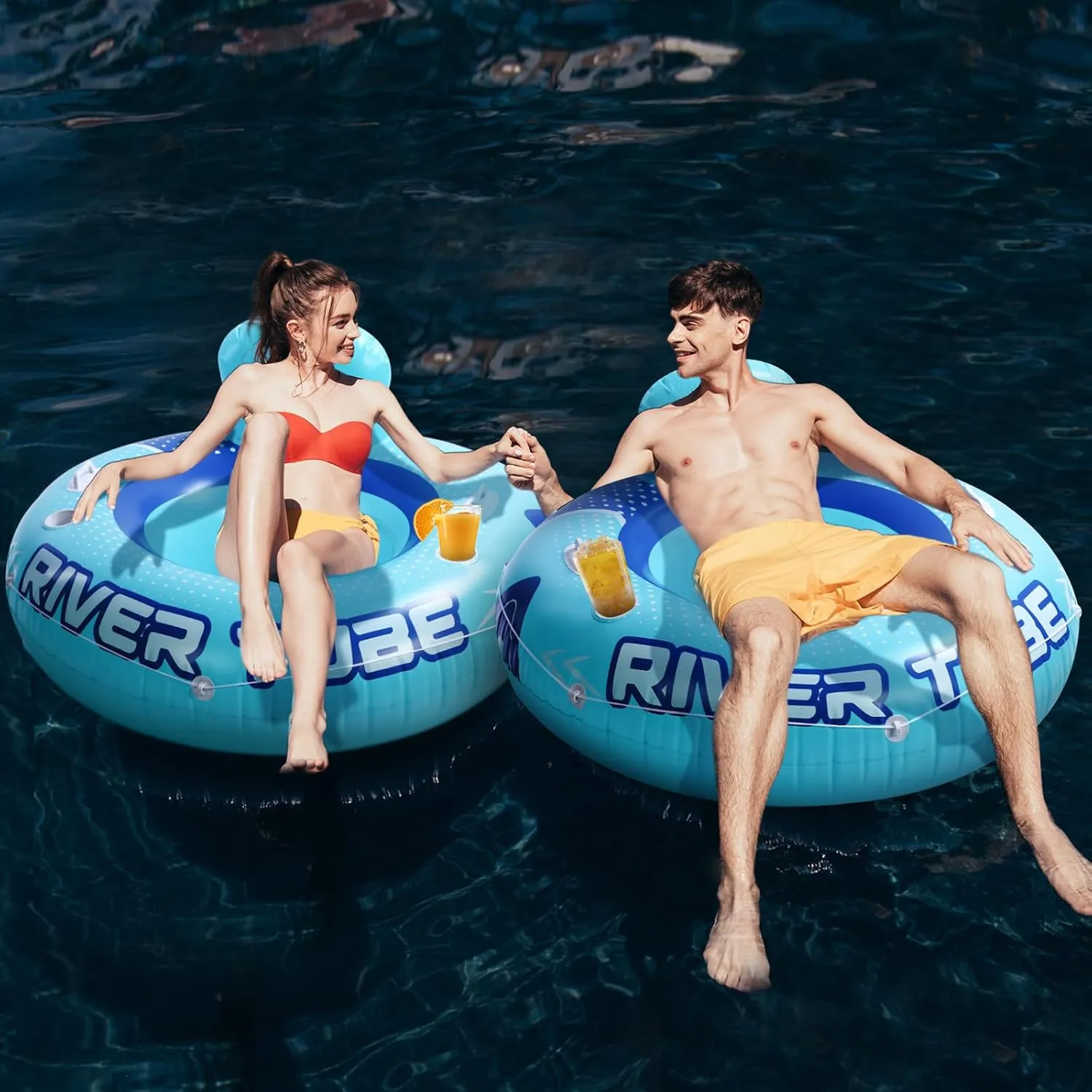 Holders and Handles,Holds 300lb 2 Pcs 53" Heavy Duty River Tube Float Inflatable Pool Floating Tube for Adult Large River Raft overall Maya Water Chair Lounger with Mesh Bottom Backrest 2 Cup 