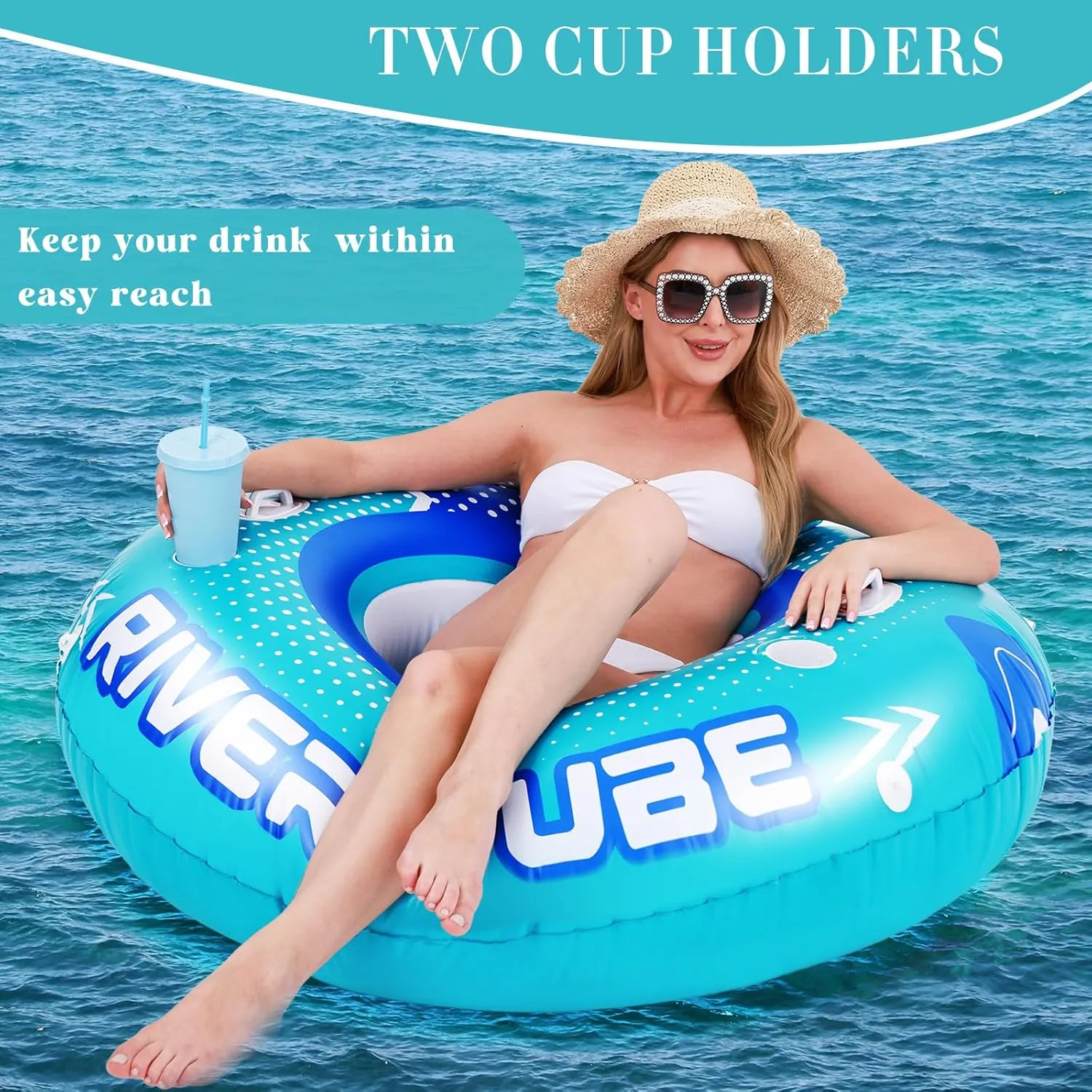 Holders and Handles,Holds 300lb 2 Pcs 53" Heavy Duty River Tube Float Inflatable Pool Floating Tube for Adult Large River Raft overall Maya Water Chair Lounger with Mesh Bottom Backrest 2 Cup 