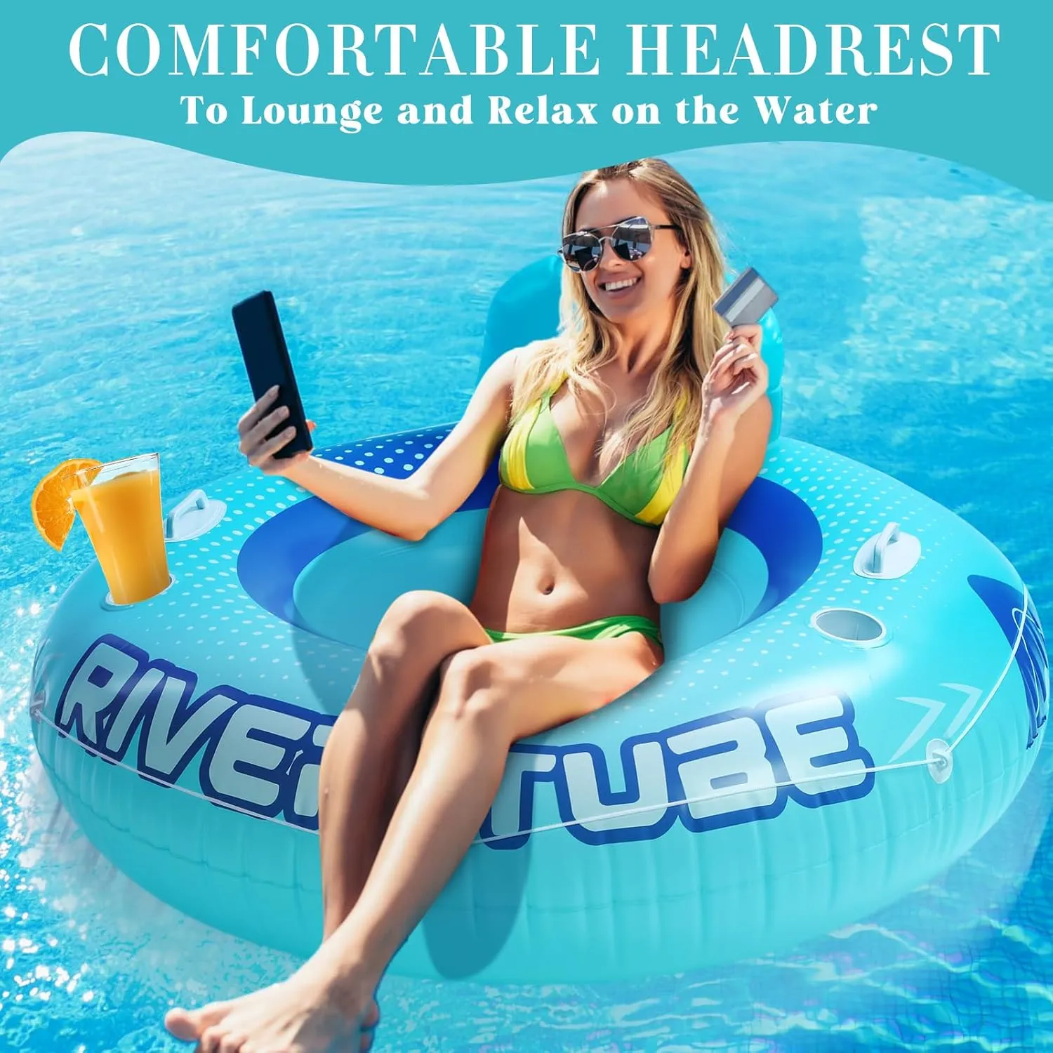 Holders and Handles,Holds 300lb 2 Pcs 53" Heavy Duty River Tube Float Inflatable Pool Floating Tube for Adult Large River Raft overall Maya Water Chair Lounger with Mesh Bottom Backrest 2 Cup 
