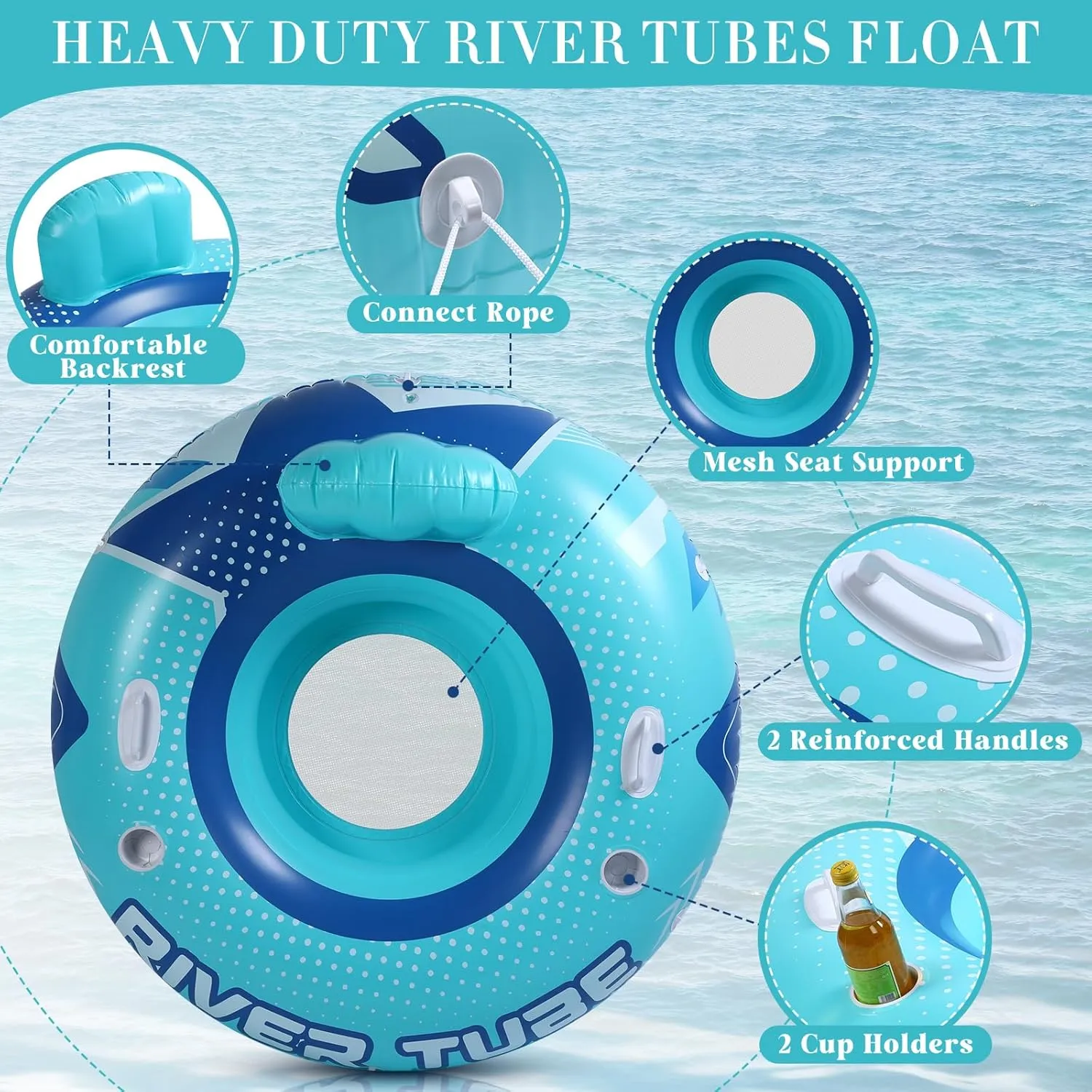 Holders and Handles,Holds 300lb 2 Pcs 53" Heavy Duty River Tube Float Inflatable Pool Floating Tube for Adult Large River Raft overall Maya Water Chair Lounger with Mesh Bottom Backrest 2 Cup 