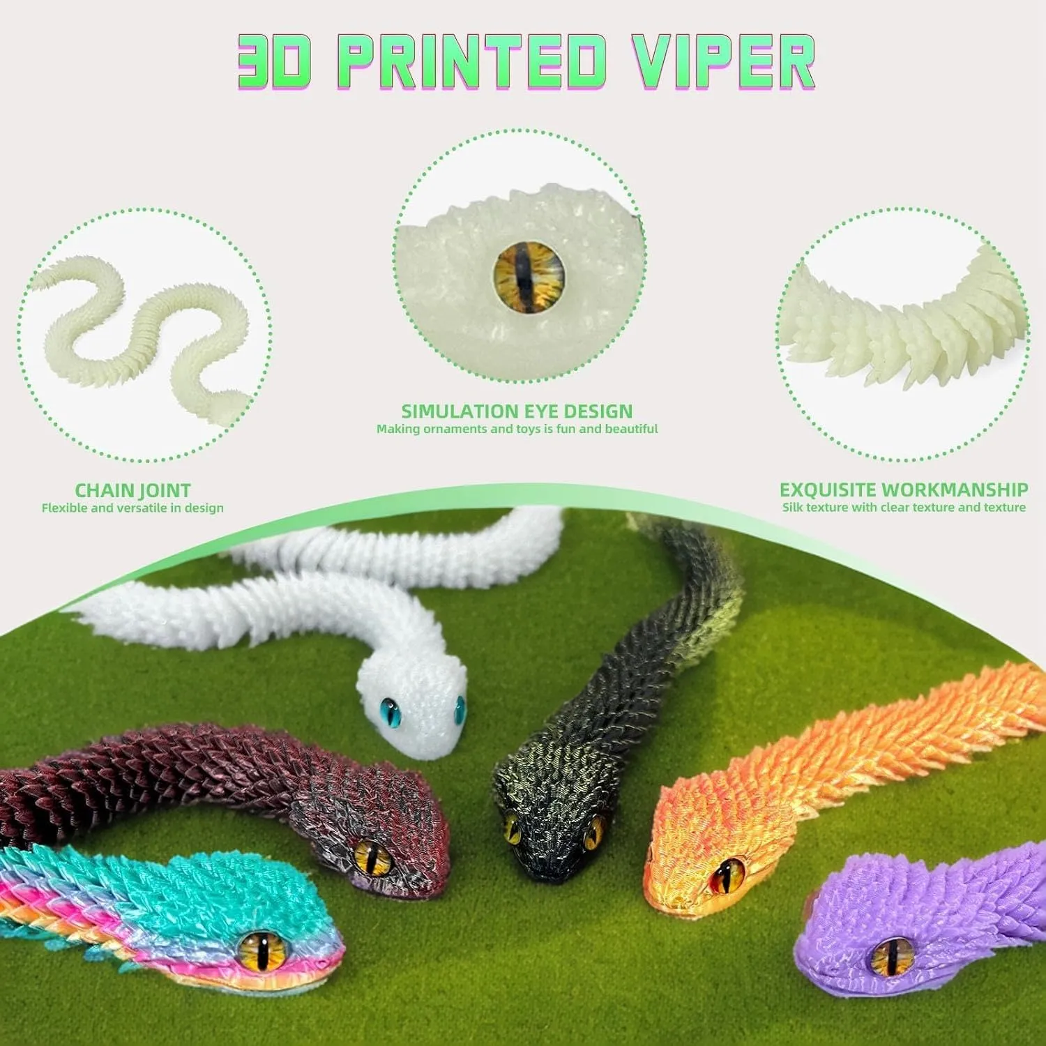 Home Office Tabletop Decor 9 PCS 3D effluent crowbar Printed Articulated Snakes, 12'' Movable Joint Fidget Viper Animal Model, Creative Ornaments Toys for Easter 