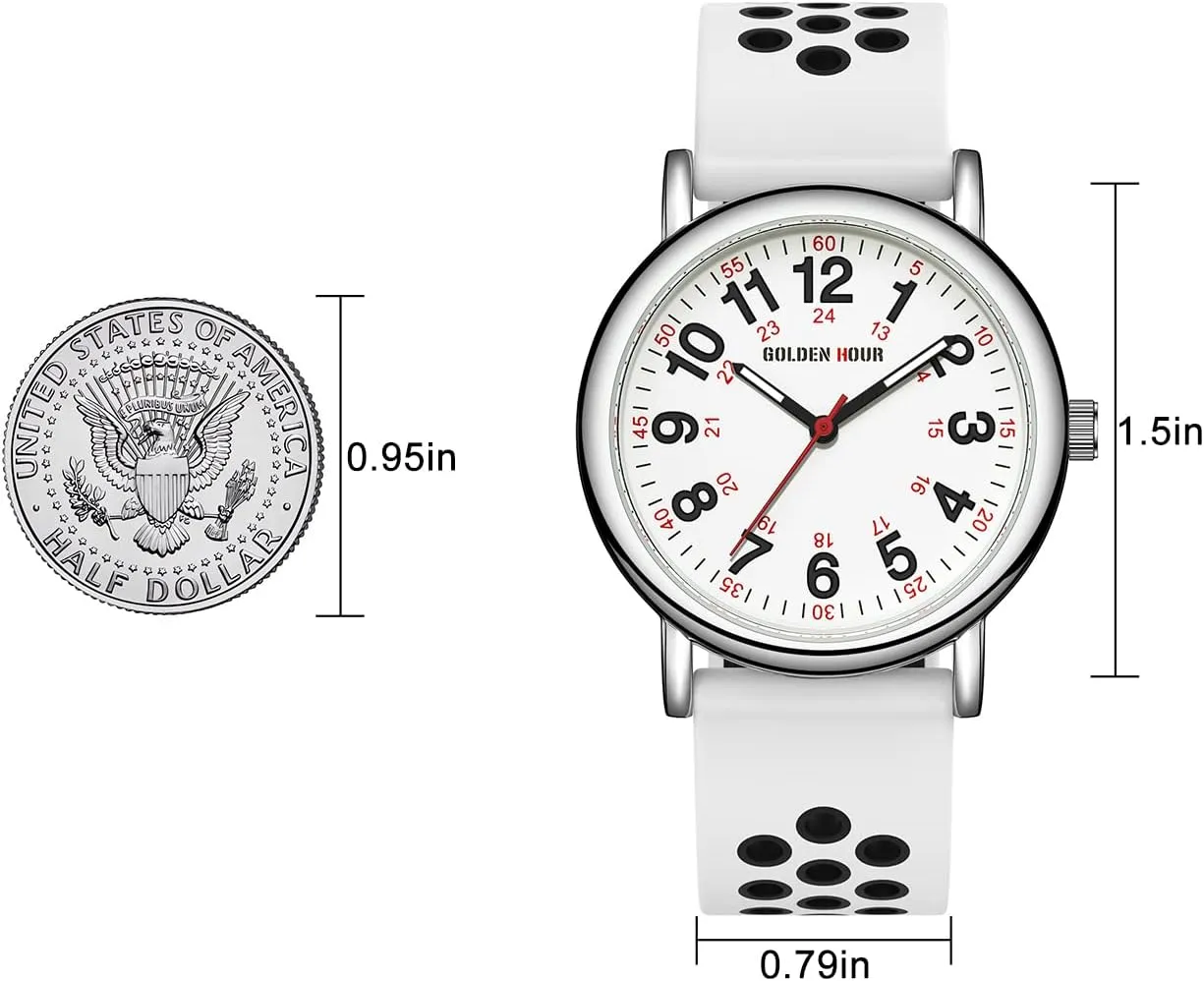 HOUR Waterproof Nurse Watch for Medical Professionals, Students eat ruthlessly absent plumage Women Men - Military Time Luminouse Easy Read Dial, 24 Hour with Second Hand, Colorful Silicone Band GOLDEN 