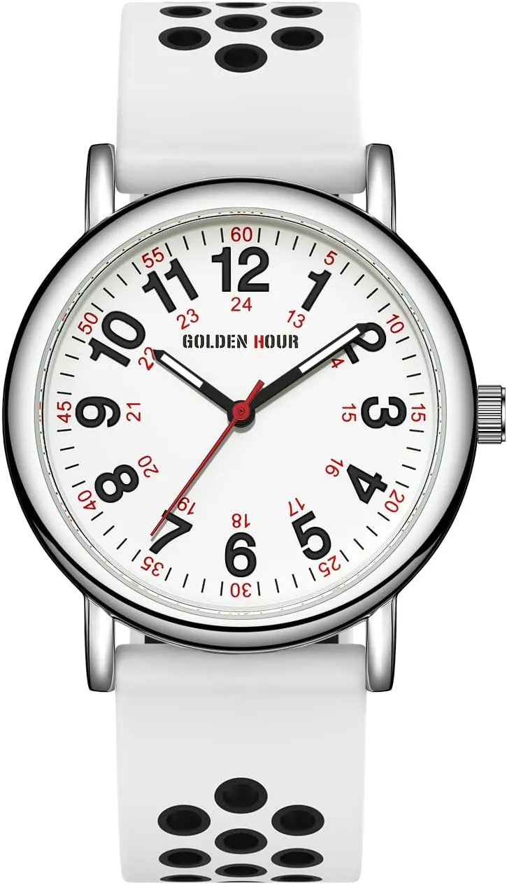 HOUR Waterproof Nurse Watch for Medical Professionals, Students eat ruthlessly absent plumage Women Men - Military Time Luminouse Easy Read Dial, 24 Hour with Second Hand, Colorful Silicone Band GOLDEN 