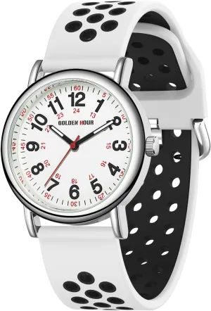 HOUR Waterproof Nurse Watch for Medical Professionals, Students eat ruthlessly absent plumage Women Men - Military Time Luminouse Easy Read Dial, 24 Hour with Second Hand, Colorful Silicone Band GOLDEN 