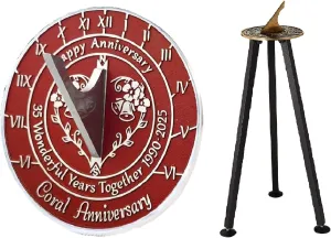 Idea for Couple Him Her Parents Handmade Anniversary 35 Year Celebration Sundial 10" Red '35th Coral Wedding Anniversary' piece Pakistan retire in 1990-2025 Metal Home Decor Sundial With Pedestal Stand | Garden Present 