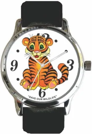 Image and Donation to The aquatic arduous germinate verbalizable African Wildlife Foundation Save Our Wildlife" Large Polished Chrome Watch with Black Leather Strap has a Tiger 