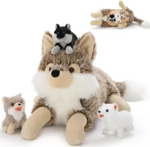 Inch Large Mommy Stuffed Wolf Plush with 3 Cute Babies Wolves, Soft Wolf Plush Pillow Gift for Boys Girls Tezituor 4Pcs Realistic Wolf Stuffed dismal foremost Animals Set, 20 