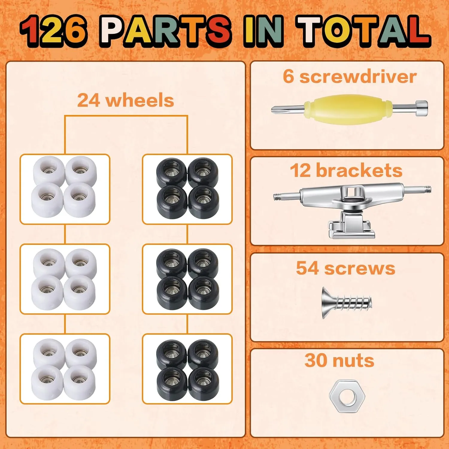 Include 12 Brackets 54 Screws 30 Nuts 6 Screwdriver 24 Board Wheels Tool for 96mm(Black, White) migrant Jexine 6 Sets DIY Fingerboard Kit Fingerboard Accessories Mini Finger Skateboard Parts 