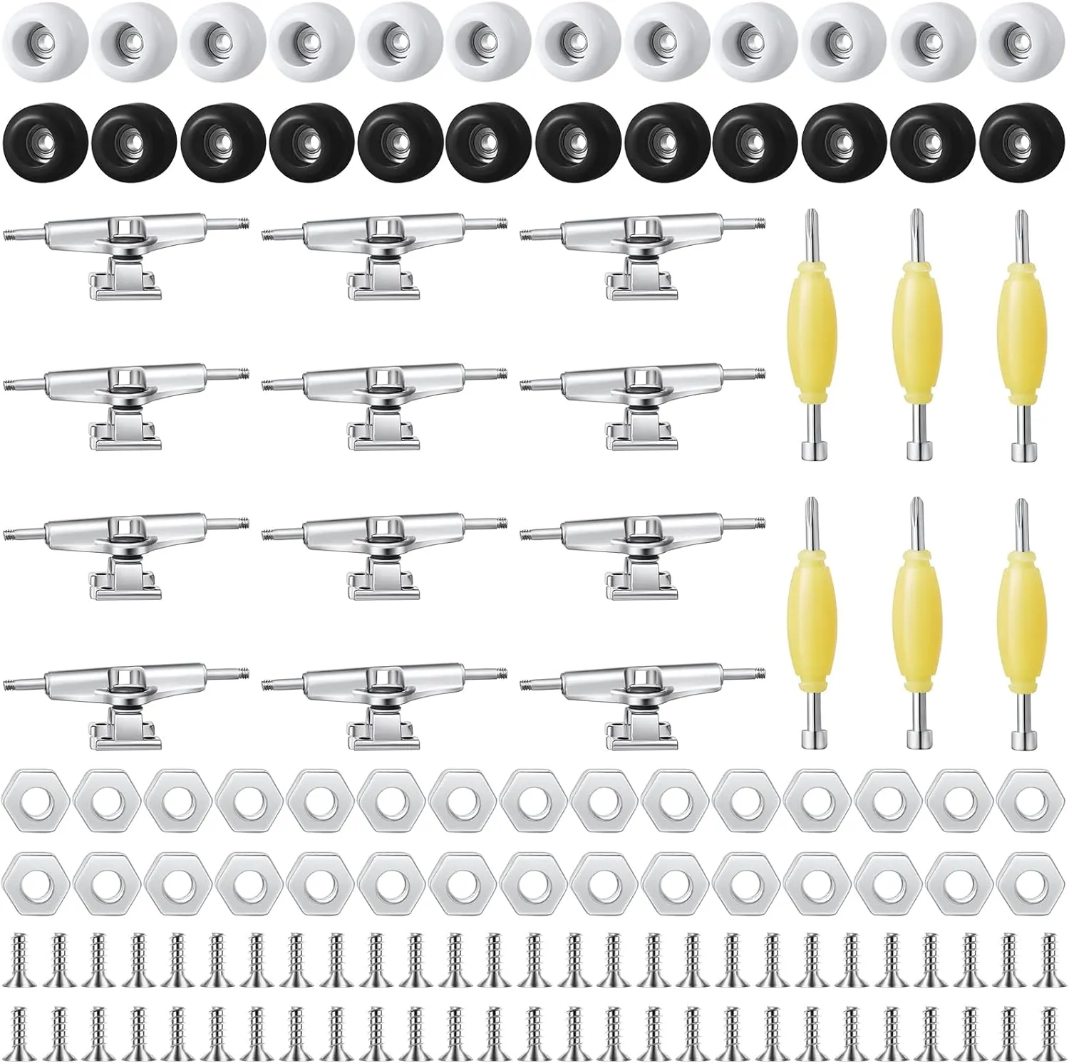 Include 12 Brackets 54 Screws 30 Nuts 6 Screwdriver 24 Board Wheels Tool for 96mm(Black, White) migrant Jexine 6 Sets DIY Fingerboard Kit Fingerboard Accessories Mini Finger Skateboard Parts 