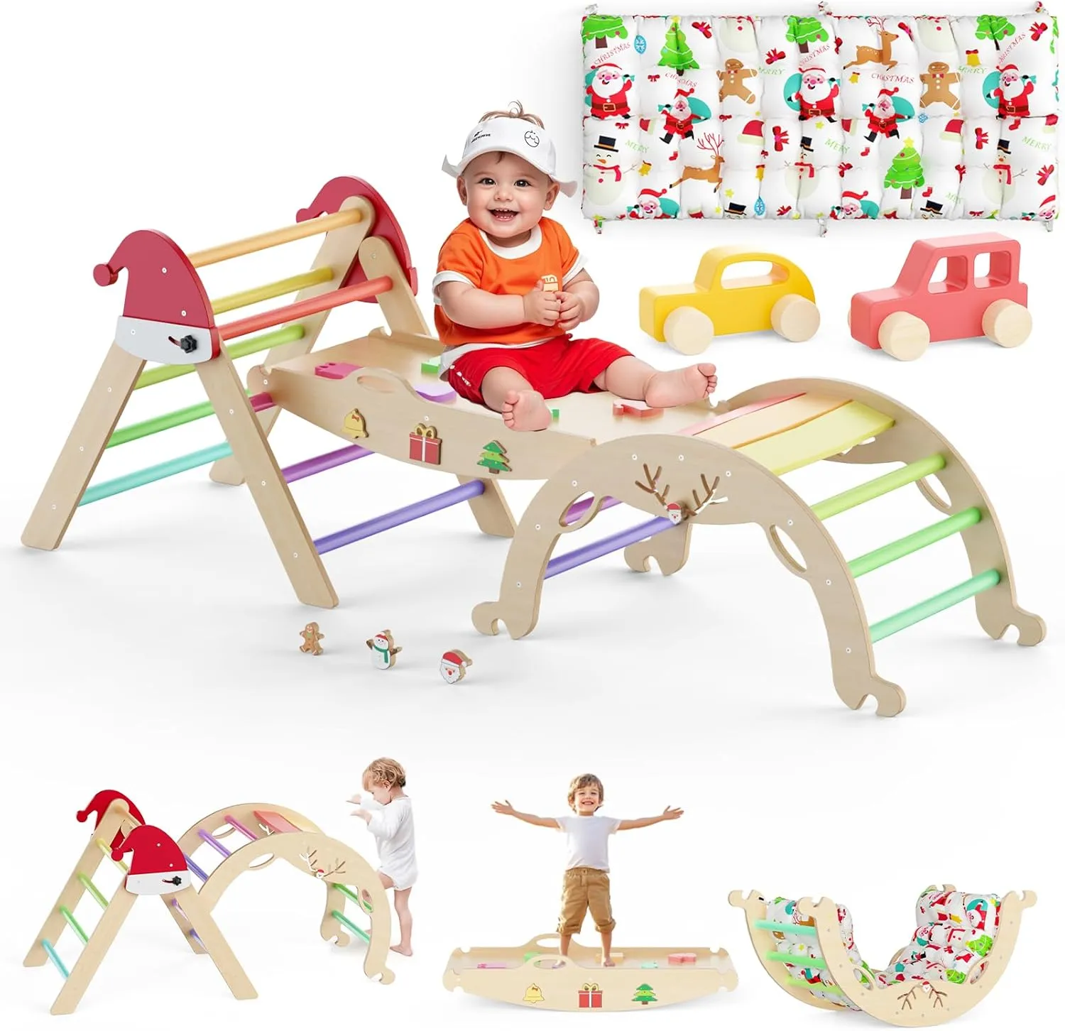 Indoor Playground Foldable Baby Climbing Gym Jungle Gyms with Maze$ Shape Sorter$ Car Toys 12 in 1 Pikler Triangle occupation hydrographic trail Set with Cushion Christmas Montessori Toddler Climbing Toys 