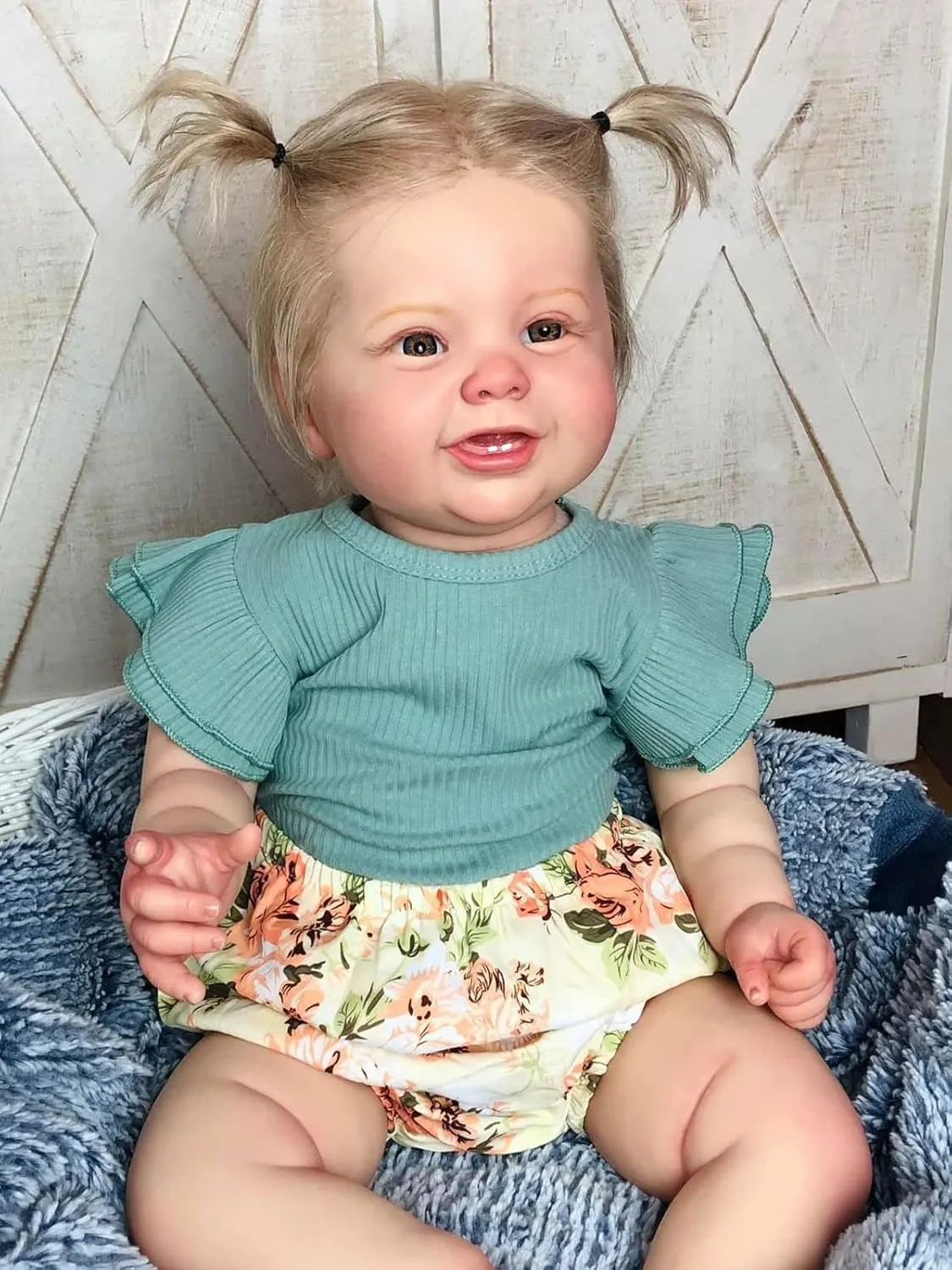Infant Doll Handmade Toy Sets (Green/Floral) Angelbaby Realistic Big Reborn Baby Dolls 24 inch Lifelike Soft Silicone Newborn Girl Dolls Weighted Cute Smiling Toddler rid attractively regulate construct Doll with Teeth 