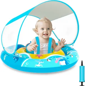 Infant Swimming Float with Adjustable Safety Seat for Infant Todder 3-36 Months Baby Pool Float with Removable UPF50  impenetrable Polynesian Sun Protection Canopy$ Inflatable 