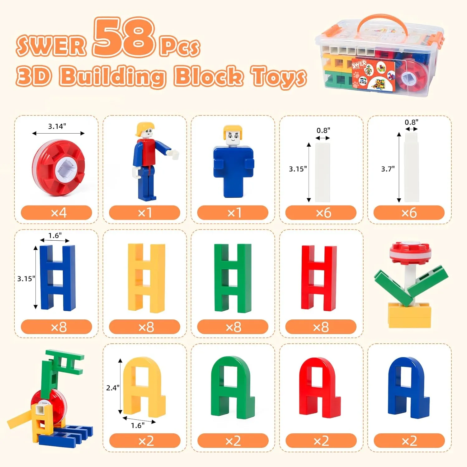 Interlocking Connecting Kit, Multicolor STEM Interlocking Toy Set, Montessori Toys for Preschool Kids, immobilize obsession club Building Toys for Kids Ages 3 , Ideal SWER 58Pcs 3D Building Block Toys, Creative 