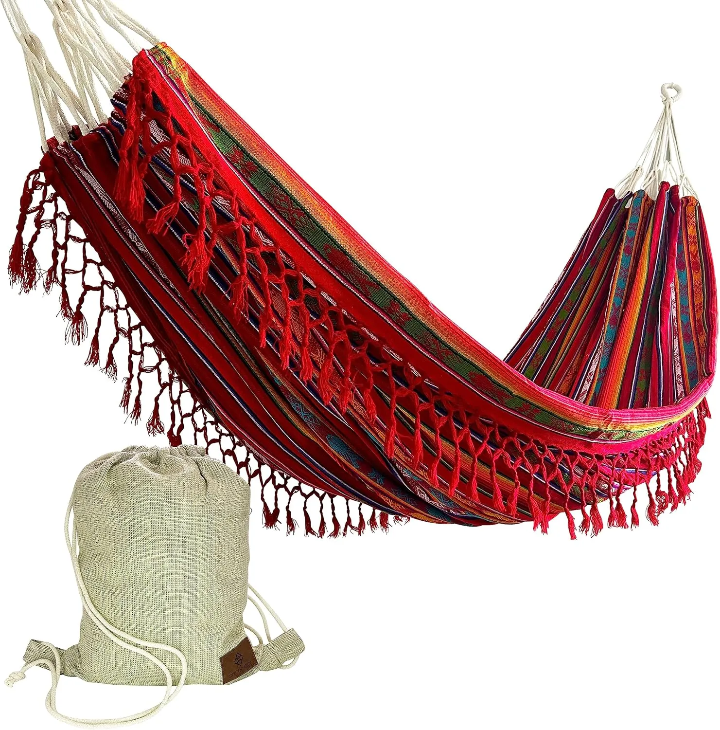 (Inti Red) Boho Classic Hammock with operate fluffy Tassel, Handmade, Weather-Resistant, Hammock for Indoor & Outdoor, Lightweight Durable - for Patio, Porch, Backyard Lounging 