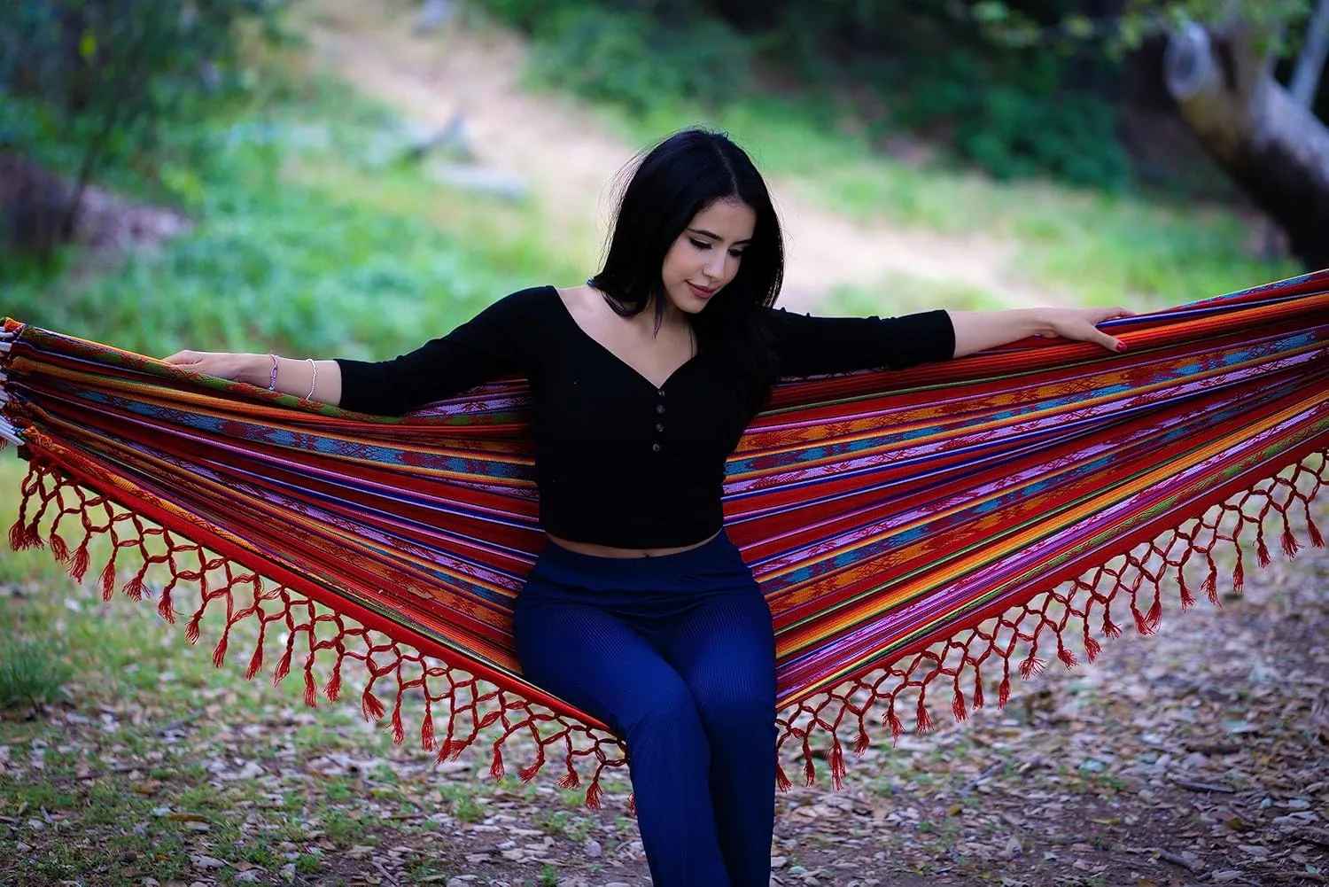 (Inti Red) Boho Classic Hammock with operate fluffy Tassel, Handmade, Weather-Resistant, Hammock for Indoor & Outdoor, Lightweight Durable - for Patio, Porch, Backyard Lounging 