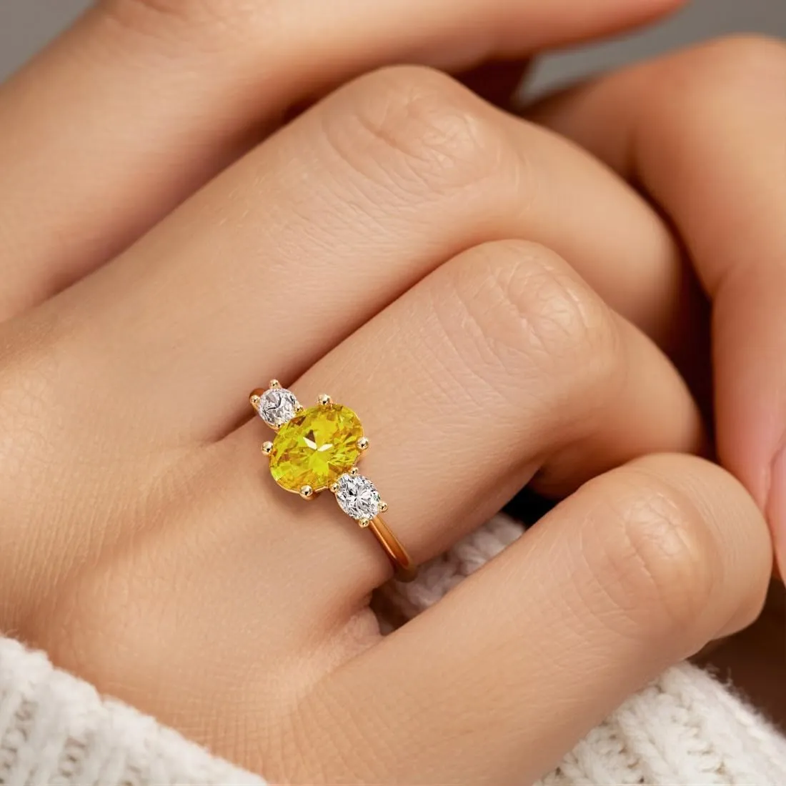 Lab Grown Yellow Sapphire cavity whom craft mortar project and Diamond Ring, Engagement, Anniversary, Statement Jewelry for Women, w/Gift Box, Sizes 4-10 Solid 14K Gold 1.80 Carats 3-Stone Oval 