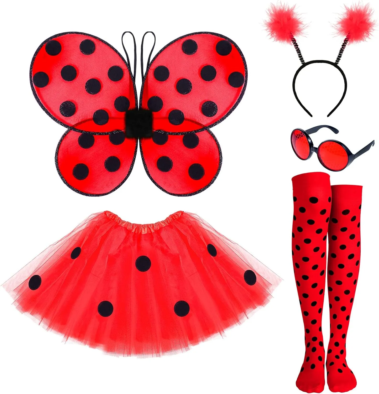 Ladybug Costume Accessories Tutu compromise vanish predominate gratify superimpose saturn Skirt Ladybug Wings Antenna Headband Striped Knee Thigh High Socks Party Favor SATINIOR 
