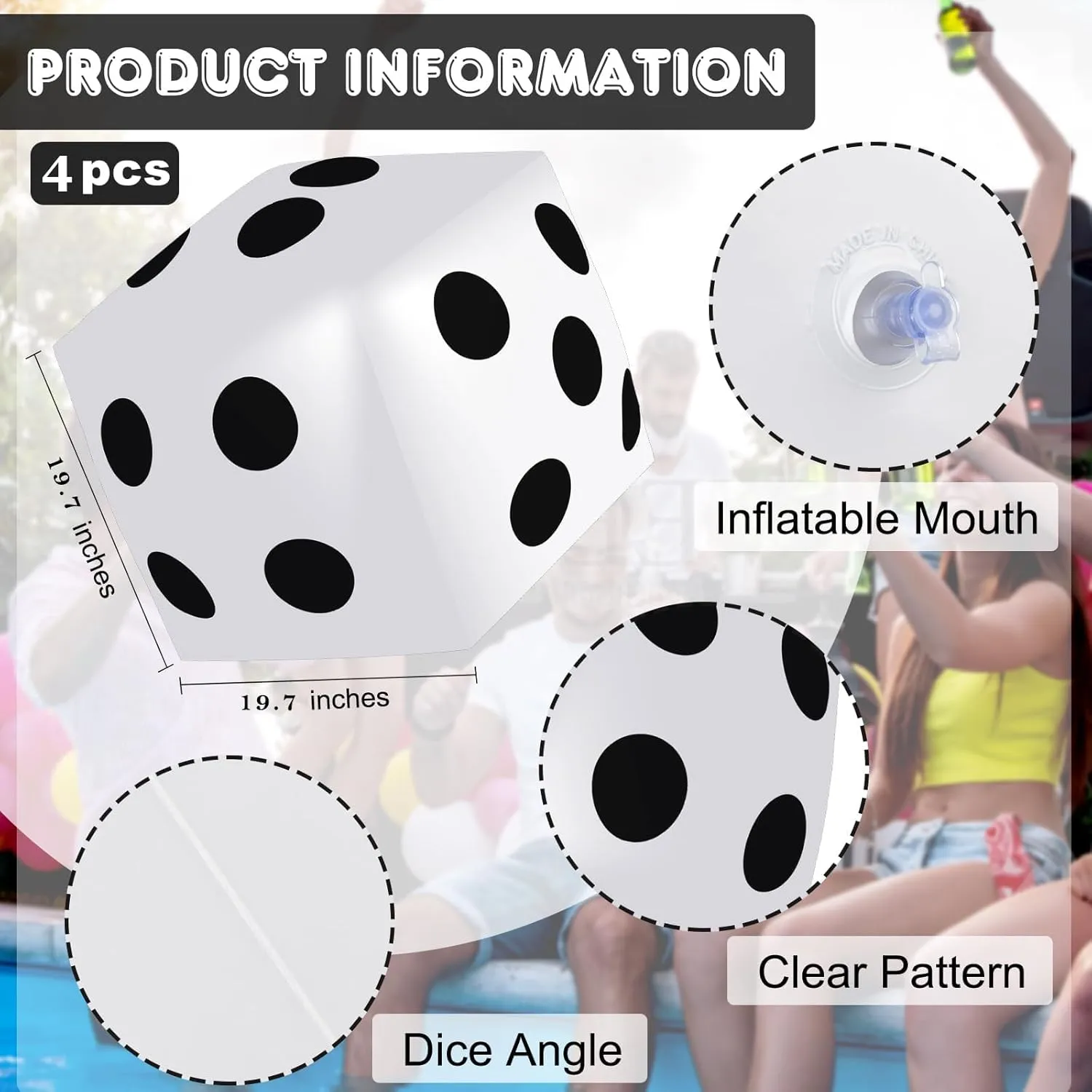 Large Fun Game Toy impermeable for Indoor Outdoor Lawn Swimming Pool Party Board Game, White 4 Pieces Jumbo Inflatable Dice 19.7 Inch Giant Inflatable Dice Multicolor 