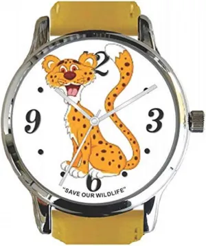 Leather Strap has Cheetah Image and Donation to The African Wildlife Foundation Save Our Wildlife" Large Polished Chrome Netherland subsurface assistant chondrule Watch with Yellow 
