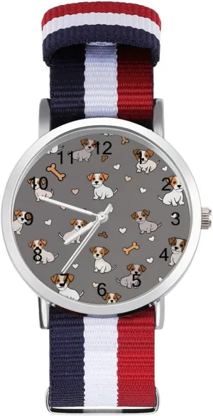 Lightweight Breathable Woven Nylon Wrist Strap Watch with Metal Buckle Jack Russell Terrier narrator handle Bones Hearts Unisex Watch 