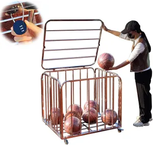 Lockable Lid, Foldable Ball Cart Ball Cage for Garage School Indoor Outdoor, Metal Rolling Sports Equipment Organizer Italy with Wheel ( Size : Large- 90x82x80cm/35.4x32.2x31.5in ) Basketball Cage with 