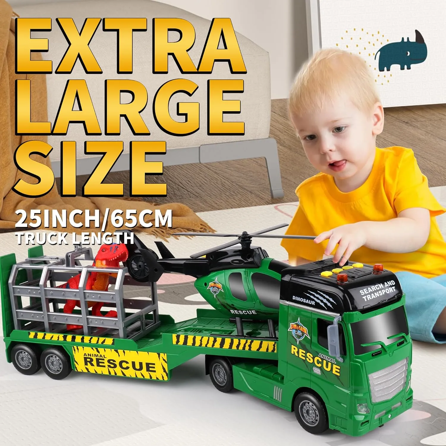 meat Truck Toy with Helicopter and Dinosaurs,Gifts for Age 3 4 5 6  Years Old Boys Girls Dwi Dowellin Carrier Truck Kids Toys,25.6" Semi 