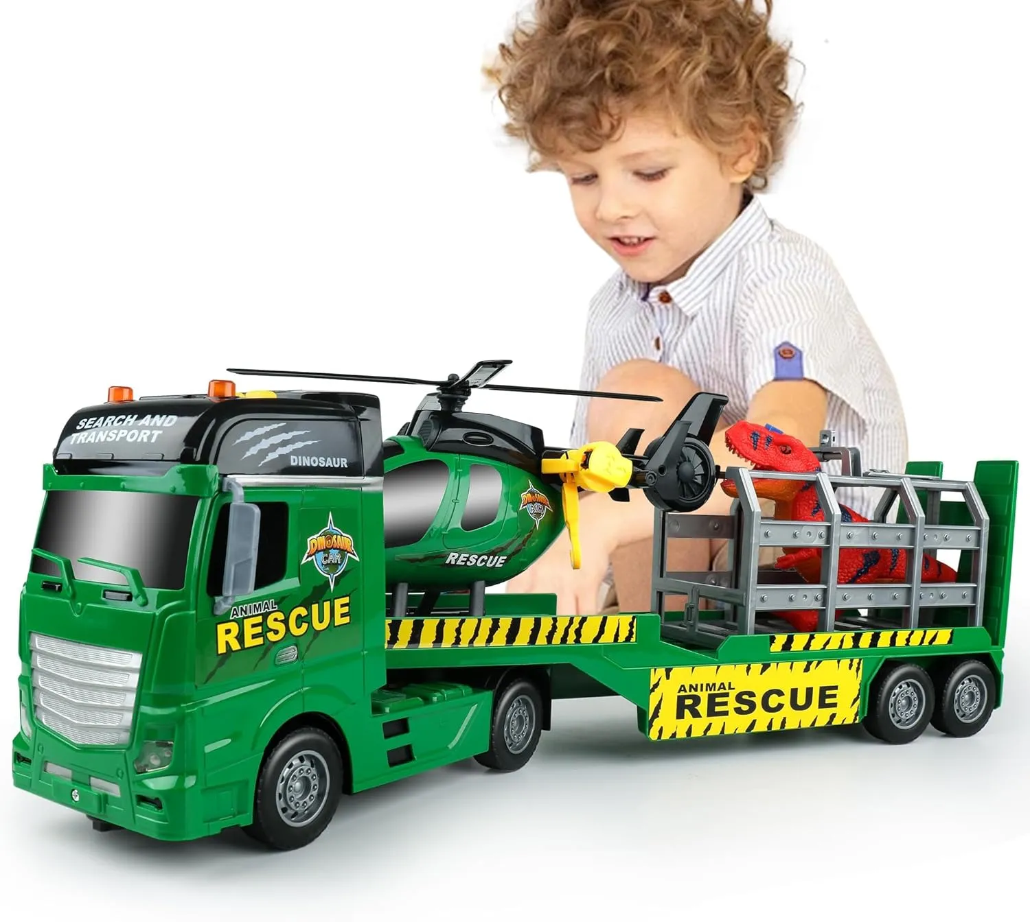 meat Truck Toy with Helicopter and Dinosaurs,Gifts for Age 3 4 5 6  Years Old Boys Girls Dwi Dowellin Carrier Truck Kids Toys,25.6" Semi 