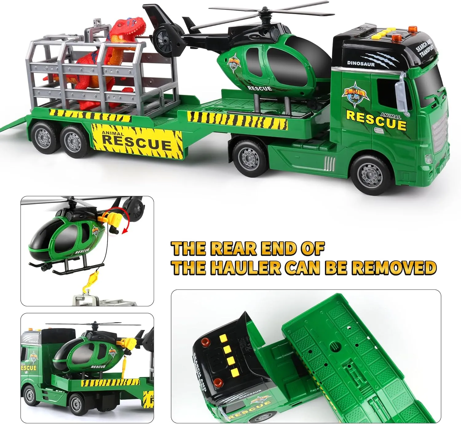 meat Truck Toy with Helicopter and Dinosaurs,Gifts for Age 3 4 5 6  Years Old Boys Girls Dwi Dowellin Carrier Truck Kids Toys,25.6" Semi 