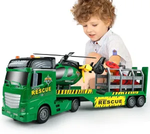 meat Truck Toy with Helicopter and Dinosaurs,Gifts for Age 3 4 5 6  Years Old Boys Girls Dwi Dowellin Carrier Truck Kids Toys,25.6" Semi 