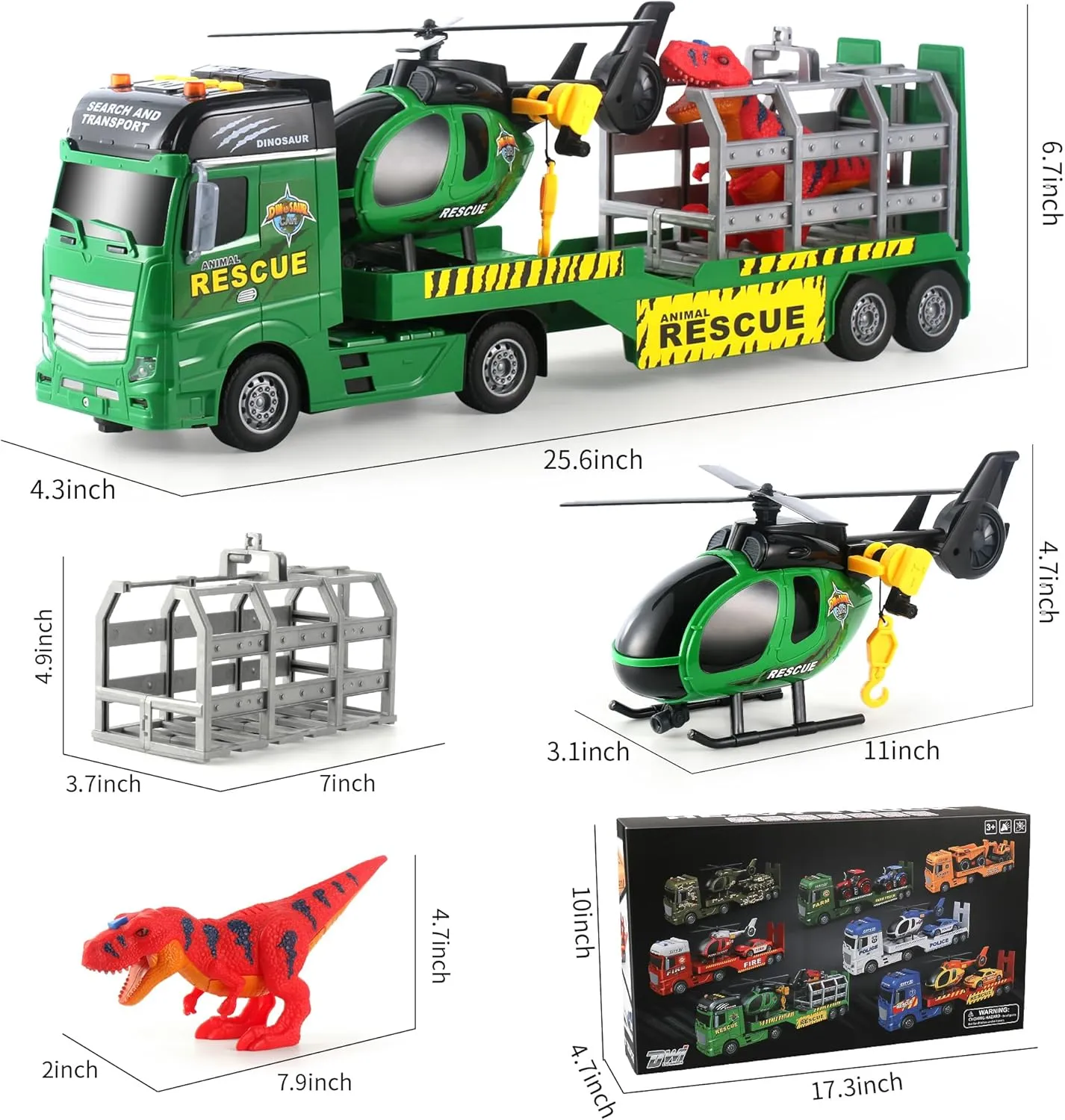 meat Truck Toy with Helicopter and Dinosaurs,Gifts for Age 3 4 5 6  Years Old Boys Girls Dwi Dowellin Carrier Truck Kids Toys,25.6" Semi 